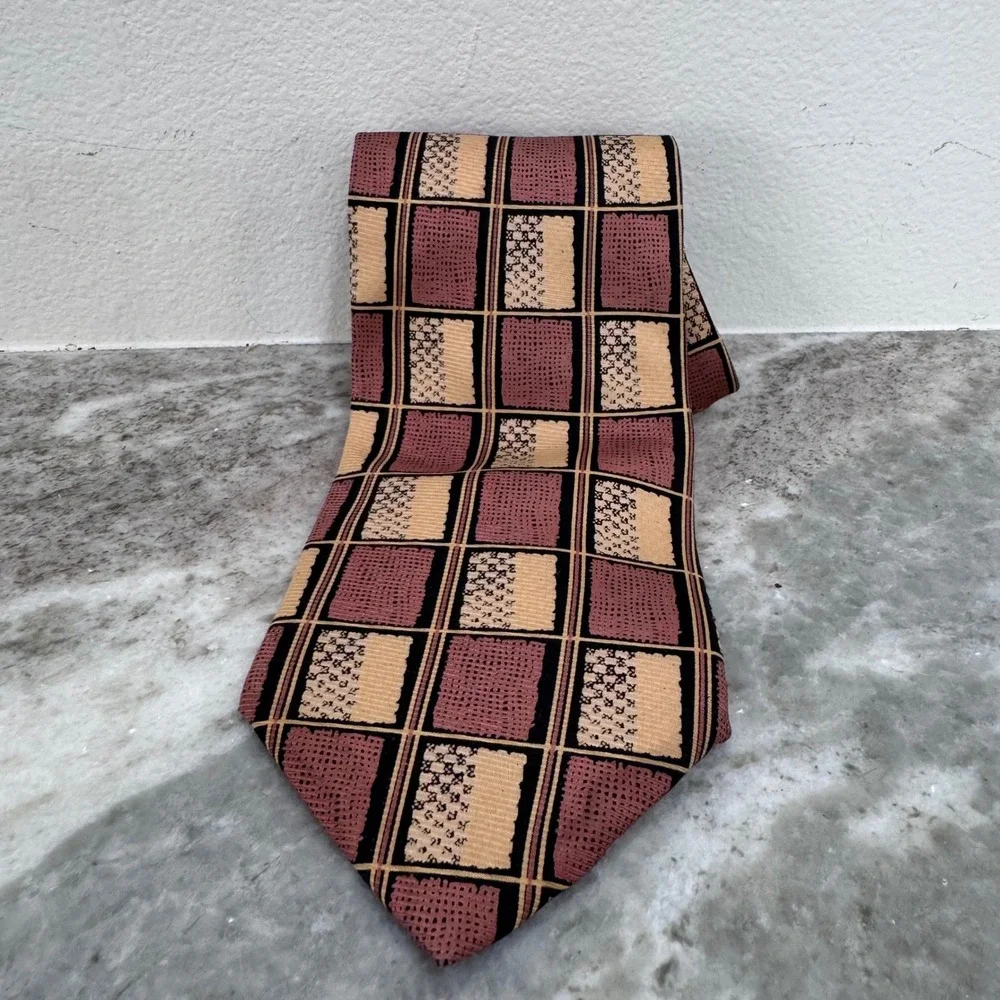 Yves Saint Laurent Pour Homme Silk Tie Burgundy Tan Geometric Grid Vintage 4